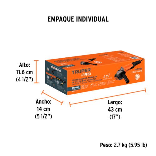 100902 - Esmeriladora angular 4-1/2", 1100W, TRUPER PRO
