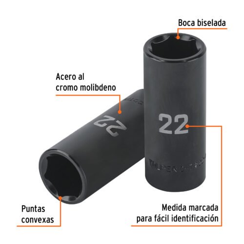 100921.1 100921 - Dado largo impacto de 22 mm, 6 puntas, cuadro 1/2", Truper