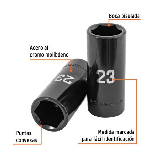 100922.1 100922 - Dado largo impacto de 23 mm, 6 puntas, cuadro 1/2", Truper
