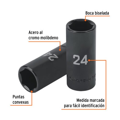 100923 - Dado largo impacto de 24 mm, 6 puntas, cuadro 1/2", Truper