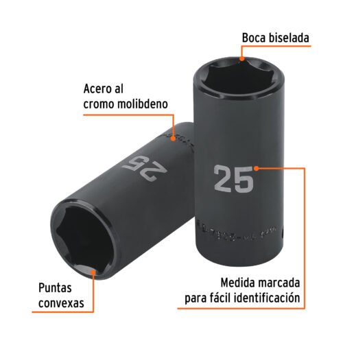 100924.1 100924 - Dado largo impacto de 25 mm, 6 puntas, cuadro 1/2", Truper