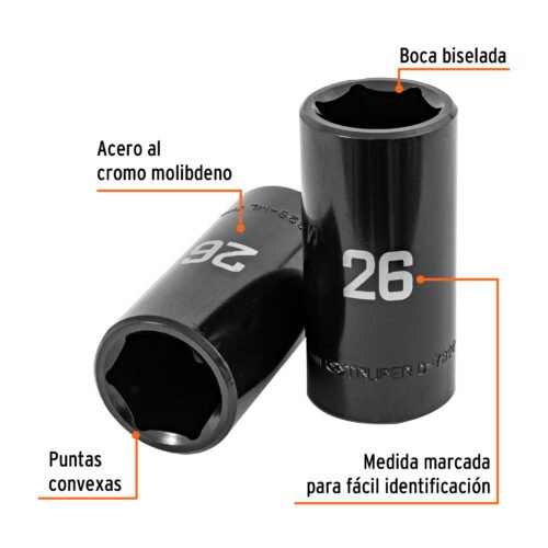 100925.1 100925 - Dado largo impacto de 26 mm, 6 puntas, cuadro 1/2", Truper