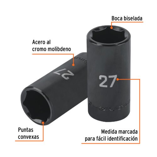 100926.1 100926 - Dado largo impacto de 27 mm, 6 puntas, cuadro 1/2", Truper