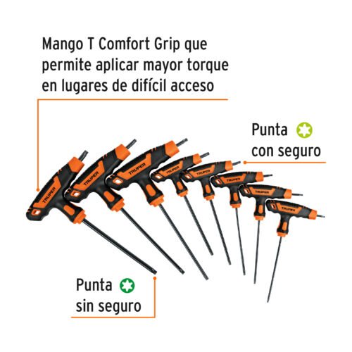 100935 - Juego de 8 llaves torx extralargas con mango T, TRUPER