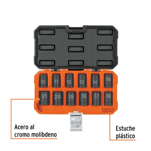 100944 - Juego de 12 dados de impacto cuadro 1/2", 6 puntas mm