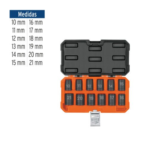 100944 - Juego de 12 dados de impacto cuadro 1/2", 6 puntas mm