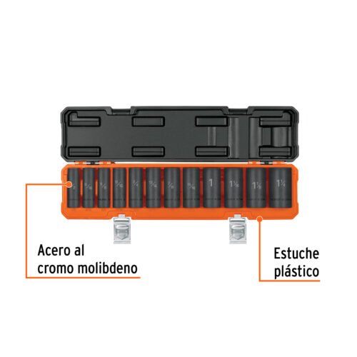 100945 - Juego de 12 dados largos cuadro 1/2" de impacto 6 puntas std