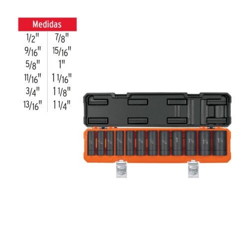 100945 - Juego de 12 dados largos cuadro 1/2" de impacto 6 puntas std