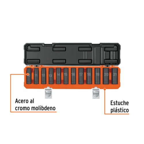 100946 - Juego de 12 dados largos de impacto cuadro 1/2", 6 puntas mm