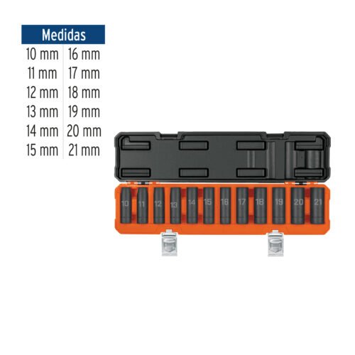 100946 - Juego de 12 dados largos de impacto cuadro 1/2", 6 puntas mm