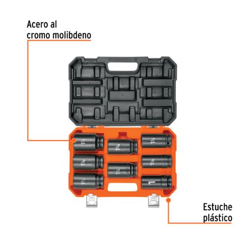 100948 - Juego de 8 dados largos cuadro 3/4" de impacto 6 puntas std