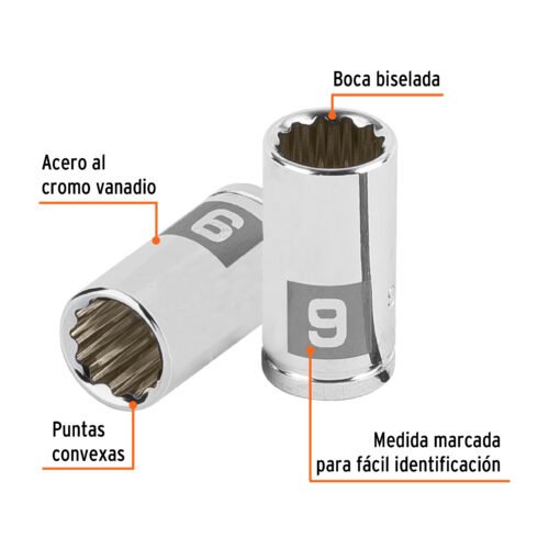 100981 - Dado de 9 mm, 12 puntas, cuadro 1/4", Truper