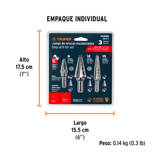 100988 - Juego de 3 brocas escalonadas de óxido negro, Truper