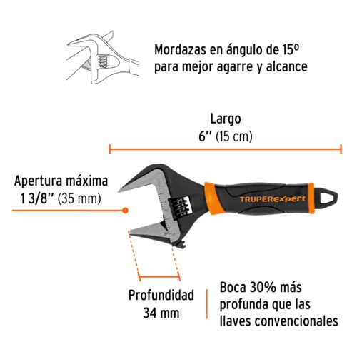 101033 - Llave ajustable (perico) 6" boca ancha Comfort Grip, Expert