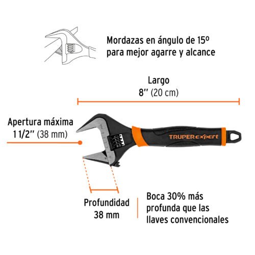101034 - Llave ajustable (perico) 8" boca ancha Comfort Grip, Expert