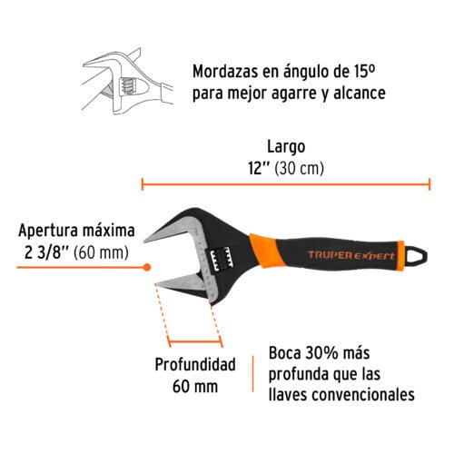 101036 - Llave ajustable (perico) 12" boca ancha Comfort Grip, Expert