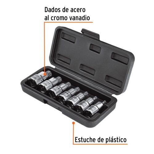 101305 - Juego de 7 dados cuadro 1/2" punta corta bristol, en estuche