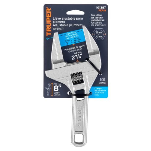 101387 - Llave ajustable 8" para plomero apertura 3", Truper