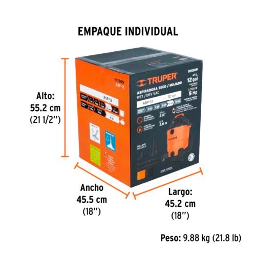101509 - Aspiradora de sólidos y líquidos, 12 gal, plástica, Truper