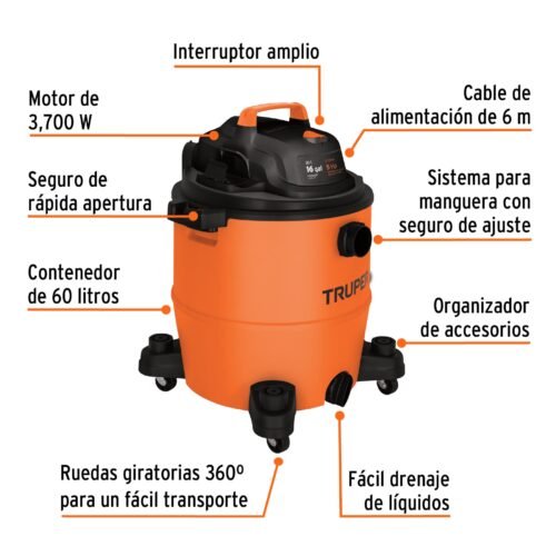 101520.1 101520 - Aspiradora de sólidos y líquidos, 16 gal, plástica, Truper