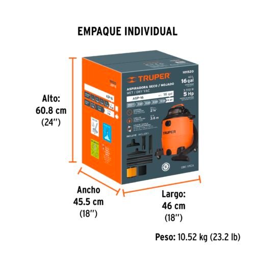 101520.3 101520 - Aspiradora de sólidos y líquidos, 16 gal, plástica, Truper