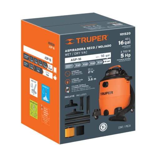 101520.4 101520 - Aspiradora de sólidos y líquidos, 16 gal, plástica, Truper