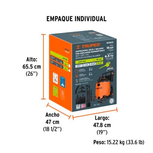 101522 - Aspiradora sólidos y líquidos, 16 gal, soplador desmontable