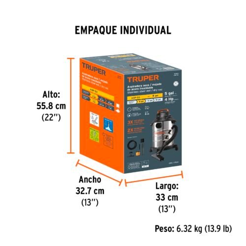 101523 - Aspiradora de sólidos y líquidos, 5 gal, acero inox, Truper