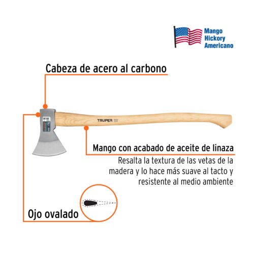 101768 - Hacha europea 1000 g, mango hickory 28", Truper