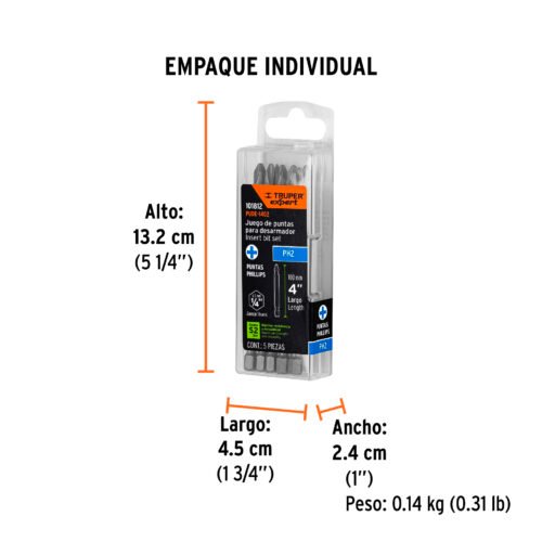 101812.4 101812 - Estuche con 5 puntas de cruz PH2 largo 4", Truper Expert