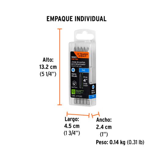 101823.5 101823 - Estuche con 5 puntas de cruz PH0 largo 4", Truper Expert