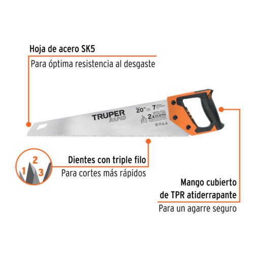 101869 - Serrucho Rapid 20", 7 DPP, mango Comfort grip, Truper