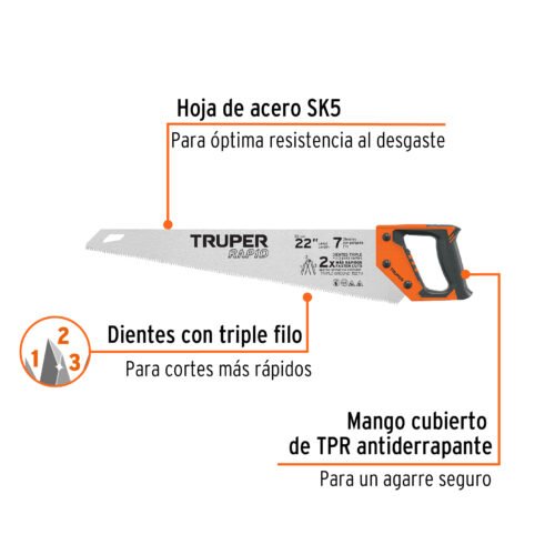 101870 - Serrucho Rapid 22", 7 DPP, mango Comfort grip, Truper