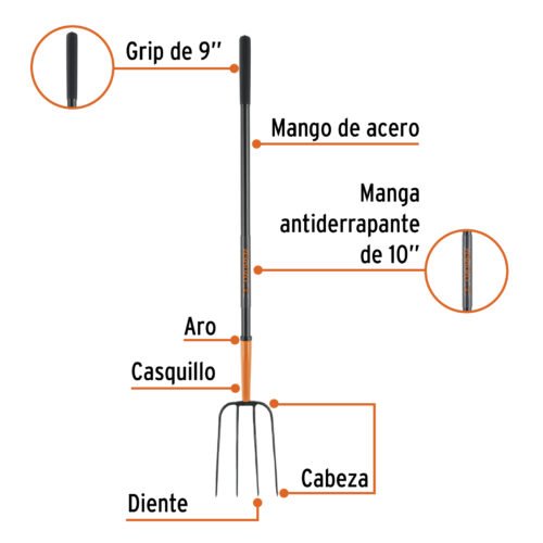 102100 - Bieldo para paja, 4 dientes, mgo largo de acero 48" TRUPER