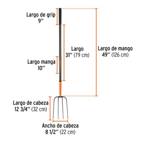 102100 - Bieldo para paja, 4 dientes, mgo largo de acero 48" TRUPER
