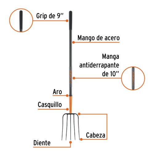 102101 - Bieldo para paja, 5 dientes, mgo largo de acero 48" TRUPER
