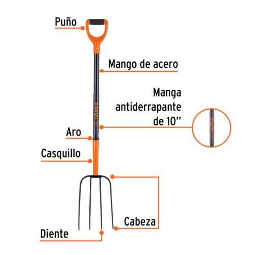 102113 - Bieldo para paja, 4 dientes, mgo de acero 37",puño"Y" TRUPER