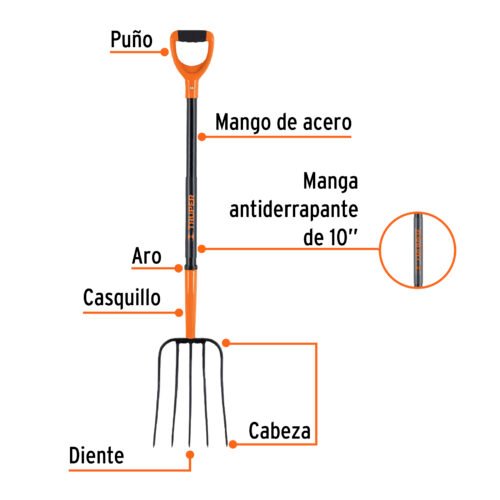 102114.1 102114 - Bieldo para paja, 5 dientes, mgo de acero 37",puño"Y" TRUPER