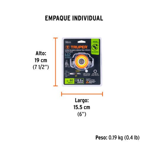 102150 - Linterna de minero LED 80 lm, recargable, TRUPER