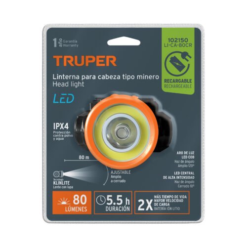 102150 - Linterna de minero LED 80 lm, recargable, TRUPER