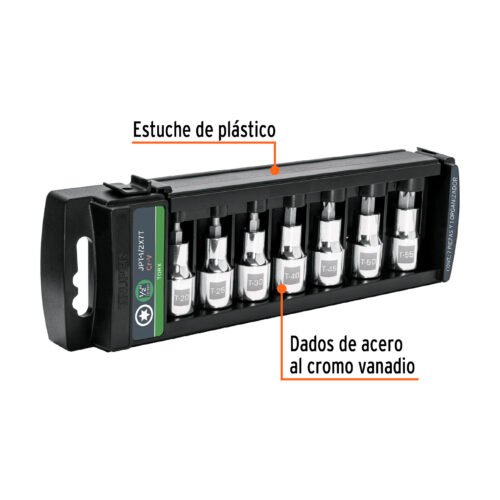 102237 - Juego de 7 dados cuadro 1/2" punta torx, Truper