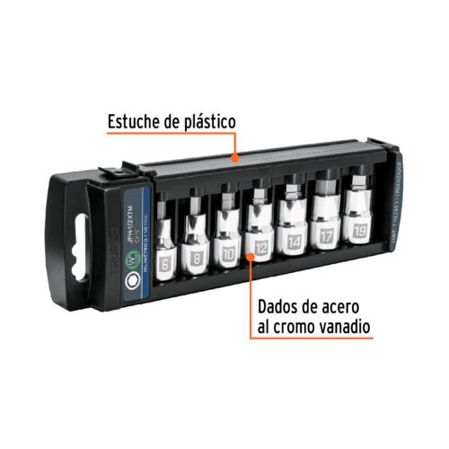 102238 - Juego de 7 dados cuadro 1/2" punta hexagonal mm, Truper