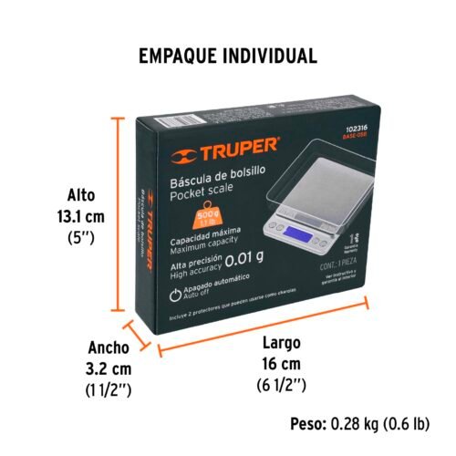 102316 - Báscula electrónica de precisión, de bolsillo, 500 g, Truper