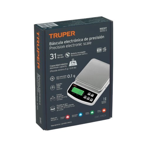 102317 - Báscula electrónica de precisión, recargable, 3 kg, Truper
