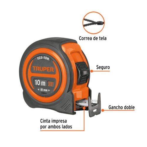 102332 - Flexómetro compacto contra impactos 10 m cinta 25 mm, TRUPER