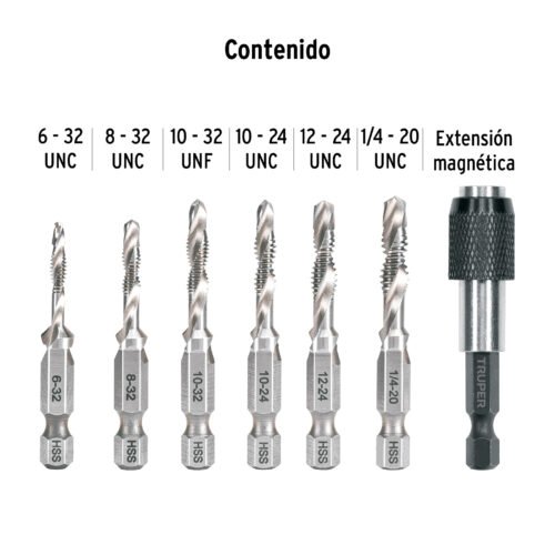 102335 - Juego de 6 brocas HSS con machuelo para metal, Truper