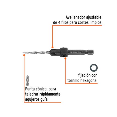 102375 - Broca avellanadora #6 para madera, 9/64", TRUPER