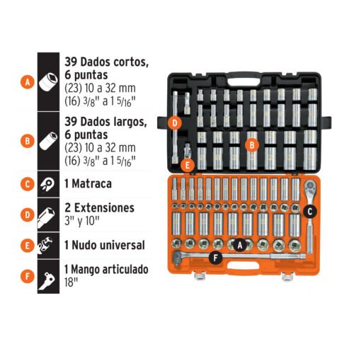 102390 - Juego de 83 herramientas cuadro 1/2" std y mm para mecánico