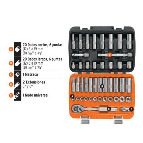 102410 - Juego de 45 herramientas cuadro 3/8" std y mm para mecánico