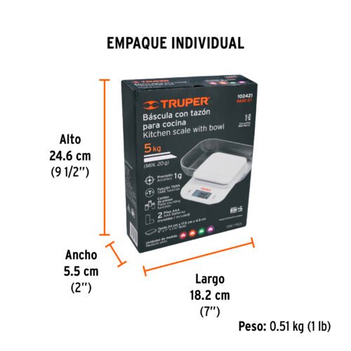 102421 - Báscula digital para cocina, con tazón, 5 kg, Truper